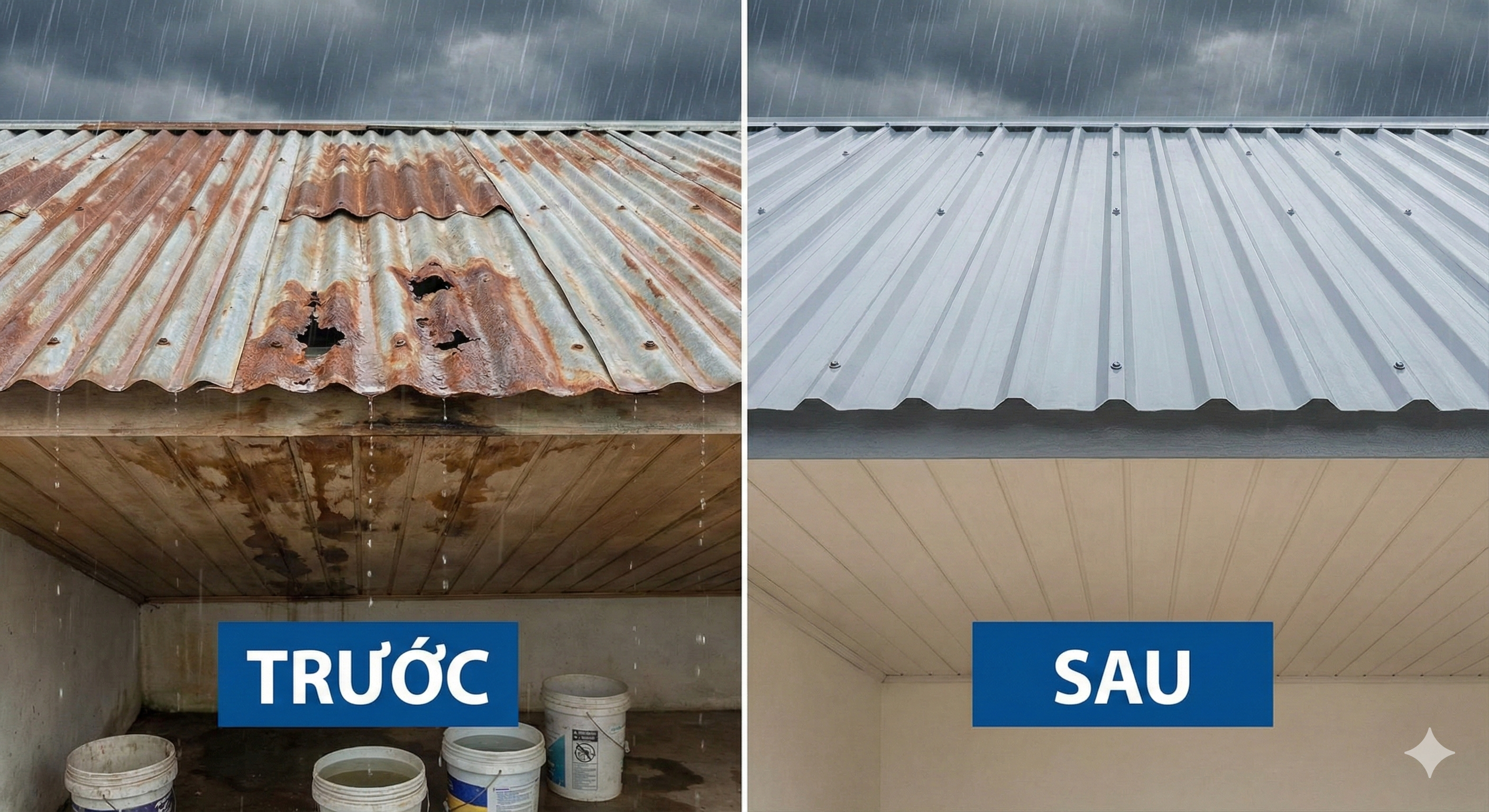 hình ảnh trước và sau khi chống thấm dột mái tôn tại Đà Nẵng